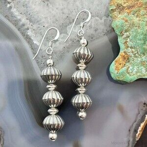 Native American Sterling Grooved Saucer Pearl Beads Dangle Earrings For Women